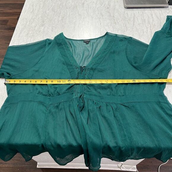 Torrid Green Semi Sheer Fairy Green Bell Sleeve V Neck Tassel Shimmer Top Sz 5X - Picture 11 of 15